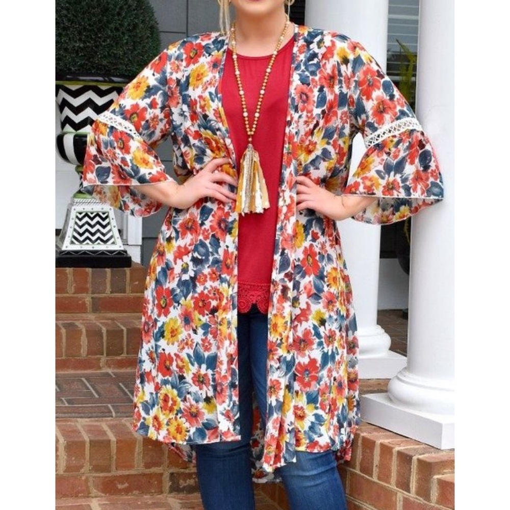 Grace & Emma Red & Blue Floral Print Colorful Western Duster Kimono Shawl